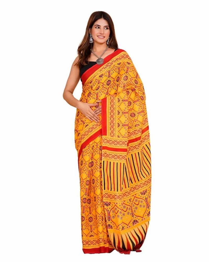 Ladies Cotton Yellow Printed Ready-To-Wear Saree (6 M with Blouse Piece)