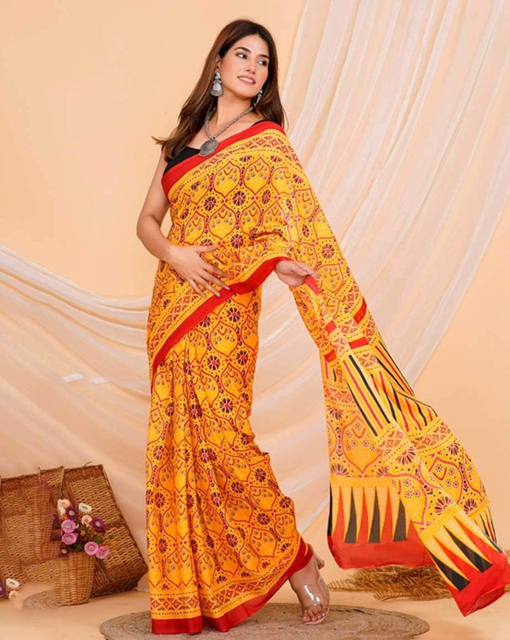 Ladies Cotton Yellow Printed Ready-To-Wear Saree (6 M with Blouse Piece)