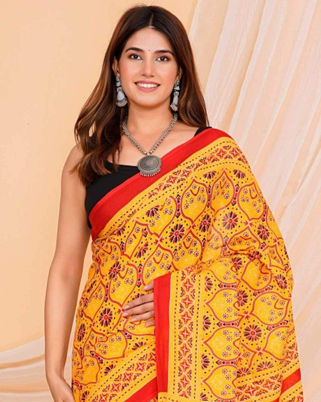 Ladies Cotton Yellow Printed Ready-To-Wear Saree (6 M with Blouse Piece)